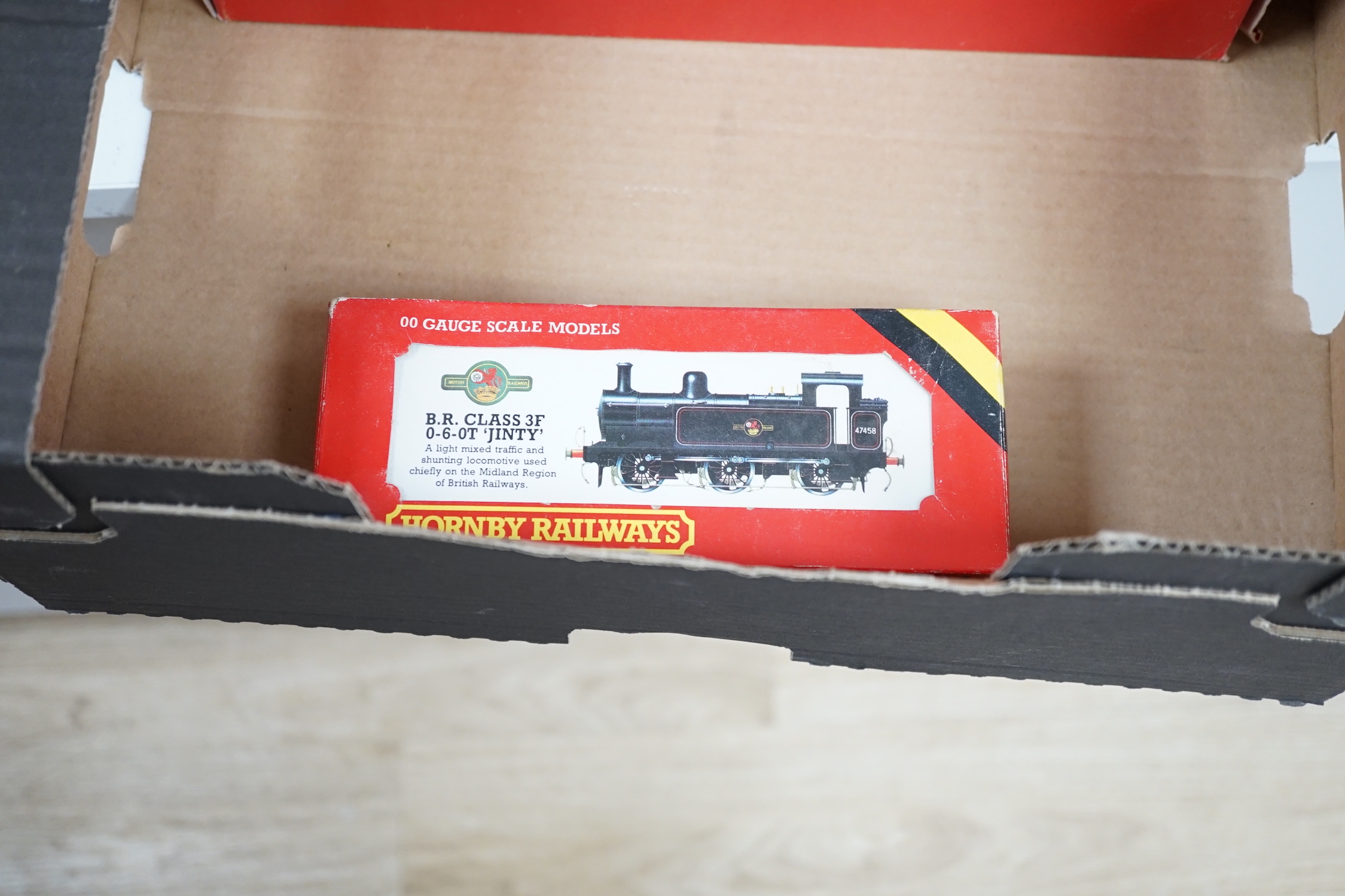 Five boxed Hornby Railways 00 gauge locomotives including; an LMS Black Five (R840), an LMS Class Five (R842), a BR Class 9F (R065), an LNER Class A3 (R 855), and a BR Class 3F (R058)